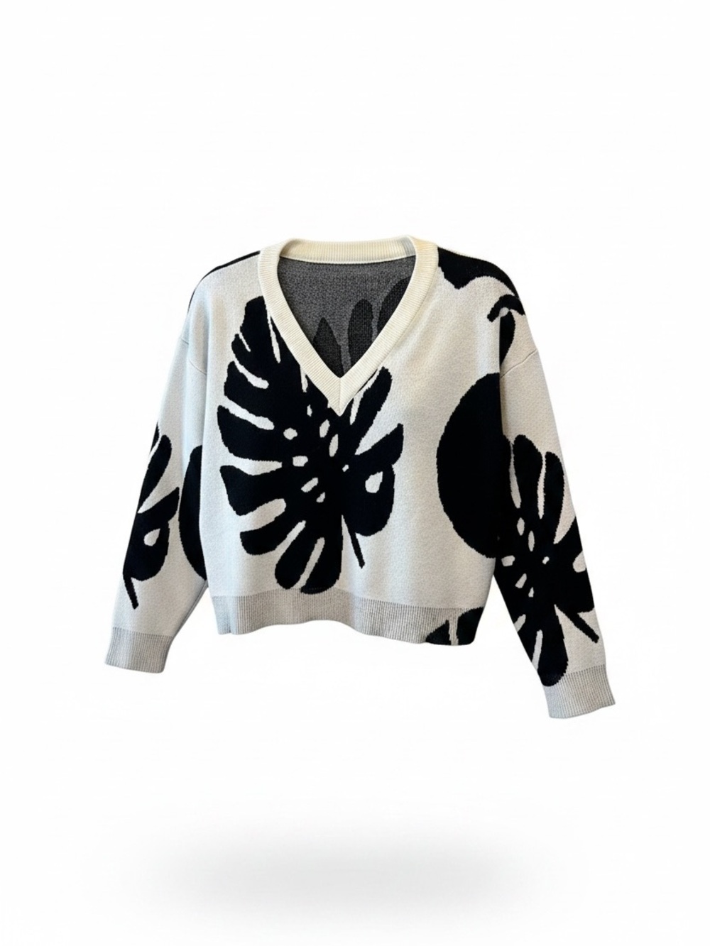 V-Neck Monstera Pattern Knit Sweater - Black & White